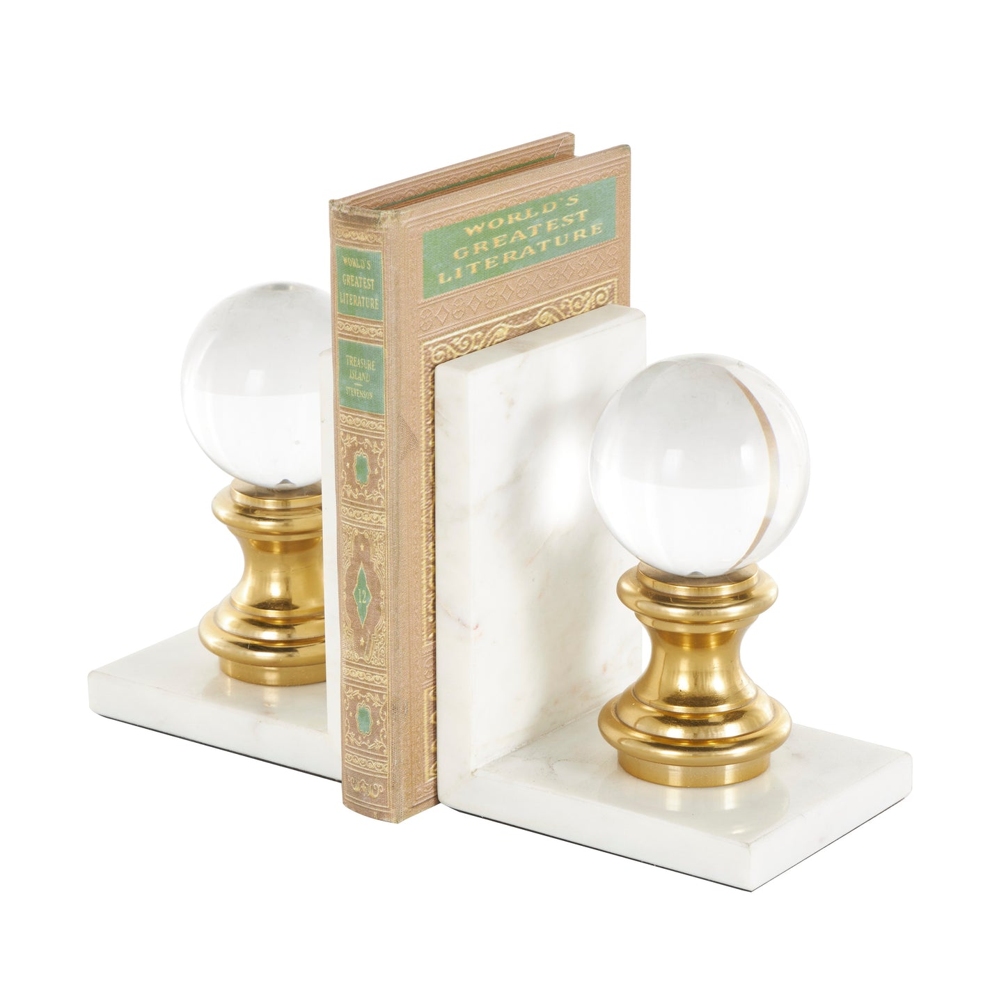 White Marble  Bookends with Glass Orbs and Gold Accents, Set of 2