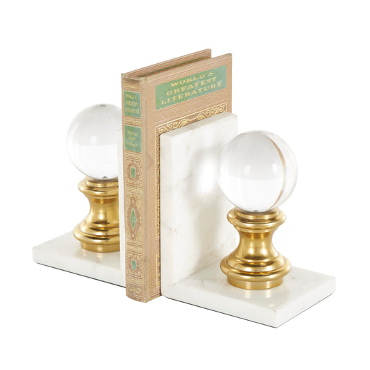 White Marble  Bookends with Glass Orbs and Gold Accents, Set of 2