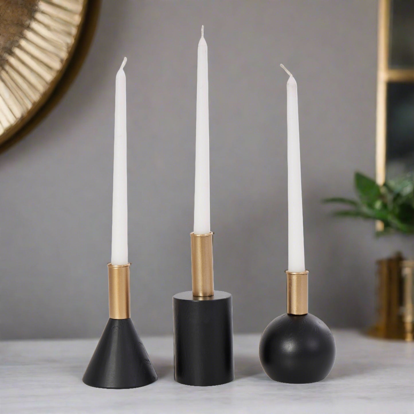 Black Wood Geometric Candle Holder with Gold Accents, Set of 3