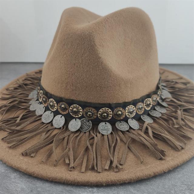 Boho Leather Tassel Feather Fedora Hat