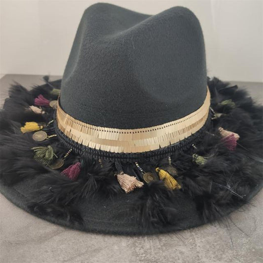 Boho Leather Tassel Feather Fedora Hat