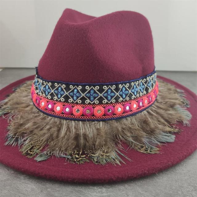 Boho Leather Tassel Feather Fedora Hat