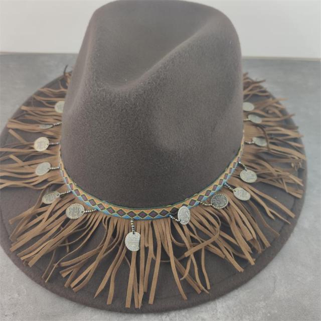 Boho Leather Tassel Feather Fedora Hat